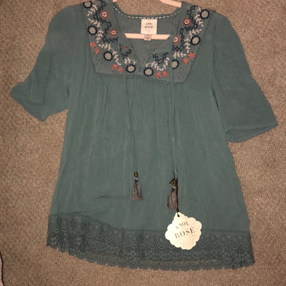teal short sleeve shirt with lace detail
